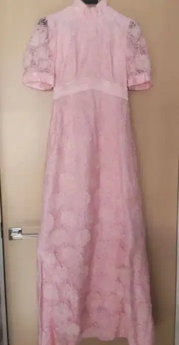 핑크 플라워 레이스 롱 드레스