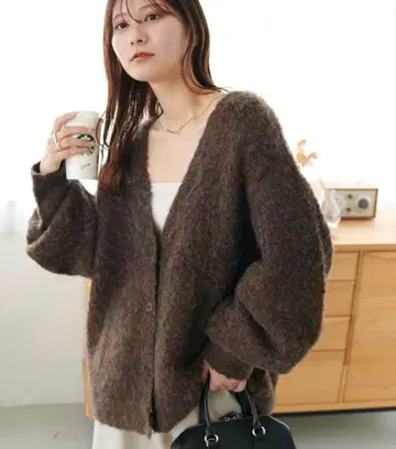 DISCOAT MIX 부클레 샤기 배색 V넥 가디건