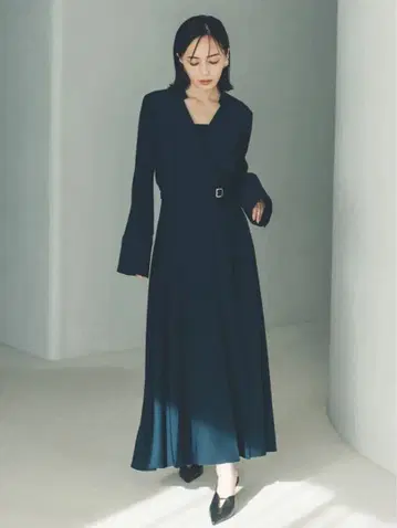 anuans 아뉴앙스 더블 새틴 노카라 턱 원피스 navy