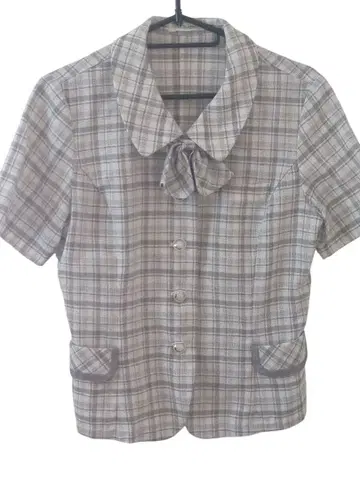 사무복 체크 무늬 반팔 블라우스