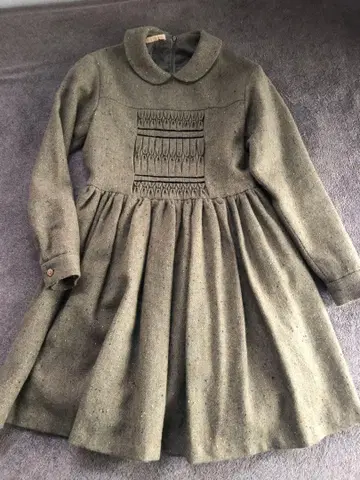 빈티지풍 라운드 칼라 레트로 올리브 그린 긴팔 미니 원피스