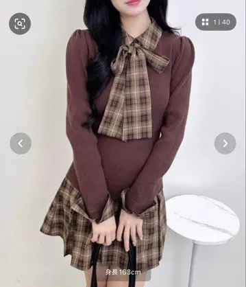 체크 무늬 보타이 셔츠 도킹 니트 원피스 INGNI