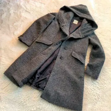 후드 부착 코트 그레이 울 혼방 롱 코트 벨트 부착