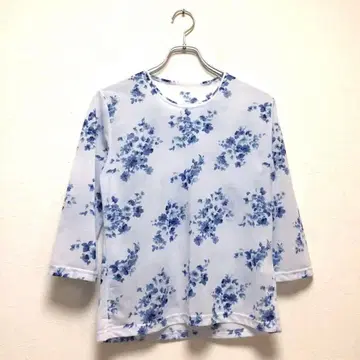 7부 기장 블라우스 꽃무늬 올 패턴 풀오버 블루 상쾌함 일본제 비침