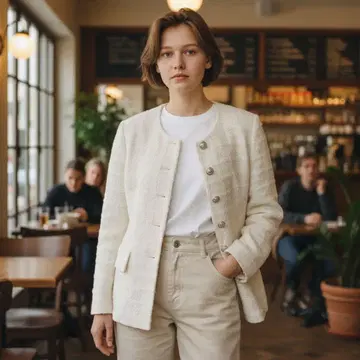 칼 라거펠트 트위드 노카라 자켓 셋업 M