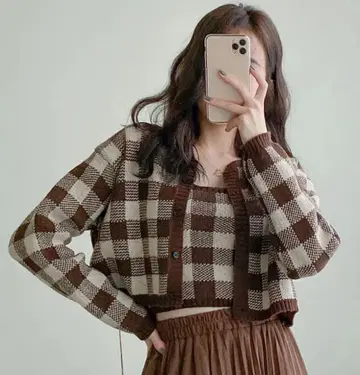 [ 미사용 새상품 ] 깅엄 체크 가디건 & 뷔스티에 SET