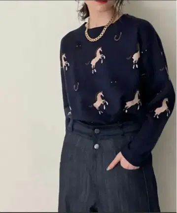 말 패턴 니트 스웨터 긴팔 네이비