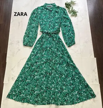 ZARA A라인 맥시 길이 꽃무늬 셔츠 원피스 사이즈 S 벨트 포함 그린