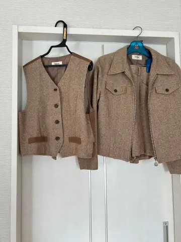 브라운 트위드풍 베스트와 자켓 세트 L 사이즈