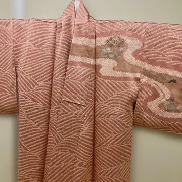 새상품 미사용 호몬기 핑크 총 시보리 자수 파도 무늬 부채 패턴