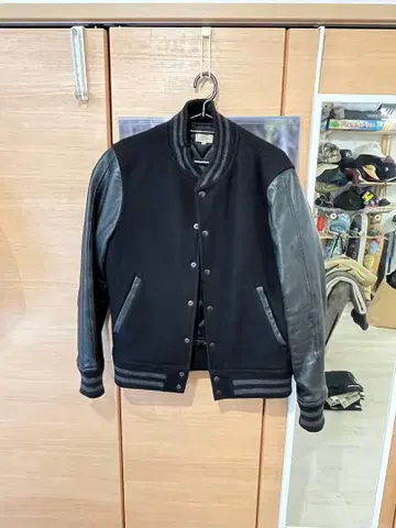 블랙 울 가죽 바시티 자켓