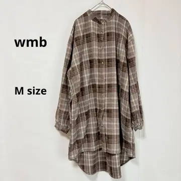 wmb 튜닉 원피스 M 체크 무늬 밴드 카라 브라운 긴팔