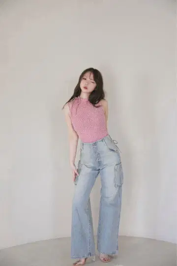 andmary 백 리본 데님 카고 팬츠