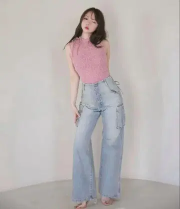 andmary 백 리본 데님 카고 팬츠