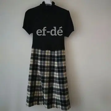 ef-de 니트 울 원피스 반팔 리본 체크 M 블랙 화이트 가을/겨울