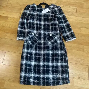 tocco 무릎 기장 원피스 블랙 화이트 체크 펄 장식