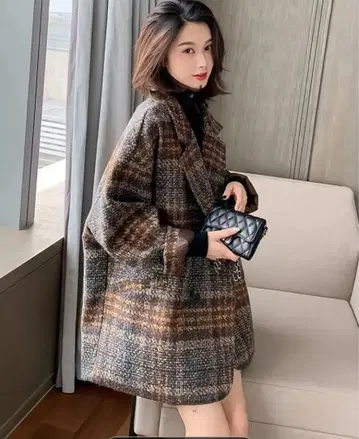 오버 사이즈 체크 무늬 자켓 코트 커피색