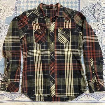 체크 무늬 긴팔 셔츠 네이비/오렌지/베이지