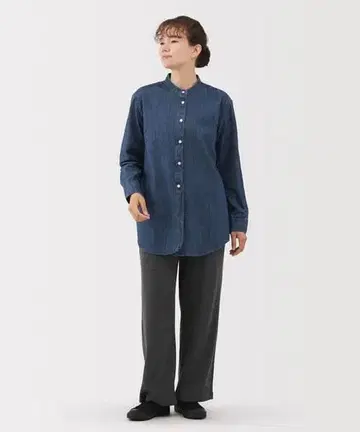 무인양품 스탠드 카라 긴팔 롱 셔츠 XS