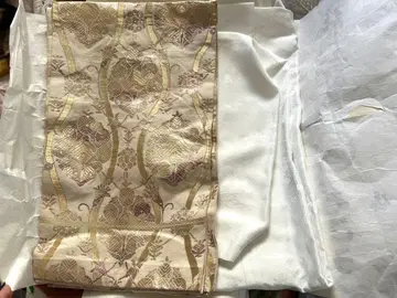 후쿠로 오비 크림색 보라색 문양 실크