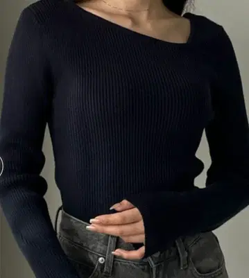 새상품 Louere 아지메 넥 리브 니트 네이비 M