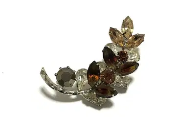 나뭇잎 디자인 크리스탈 스모키 쿼츠 브로치 로고 각인 있음 빈티지