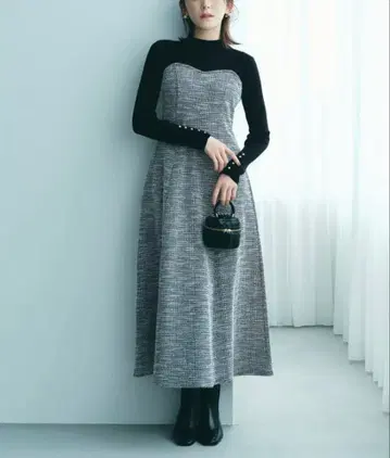 거의 미사용 릴리안 캐럿 트위드 도킹 니트 원피스 블랙 택 있음