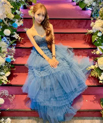 블루 티어드 롱 드레스