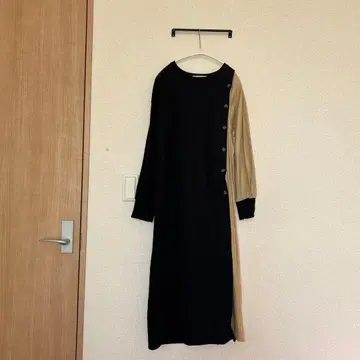 버튼 부착 이소재 디자인 긴팔 원피스