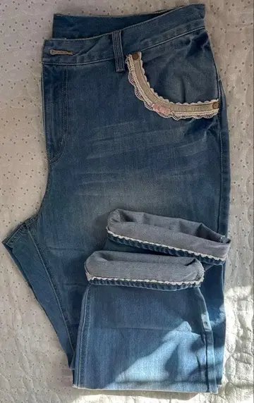 프랑슈리페 데님 FL7 펄 핑크 리본 레이스 포함 포켓