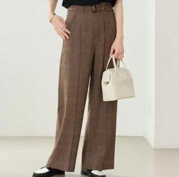 그린 라벨 브라운 체크 무늬 와이드 팬츠 벨트 포함