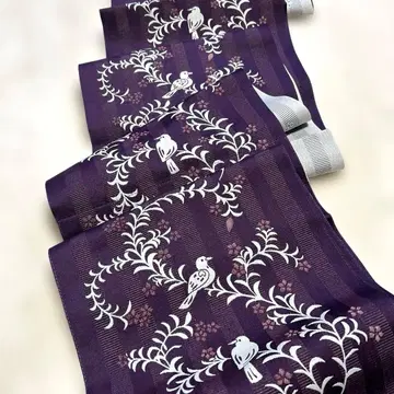 오비(약 24cm) 나고야 보라색 학꽃과 작은 새 워셔블 오비 전통 패턴