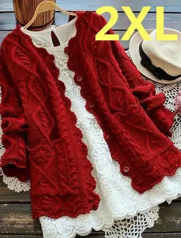 오샤레 O 케이블 니트 가디건 빨간색 2XL 귀여운 빅 사이즈