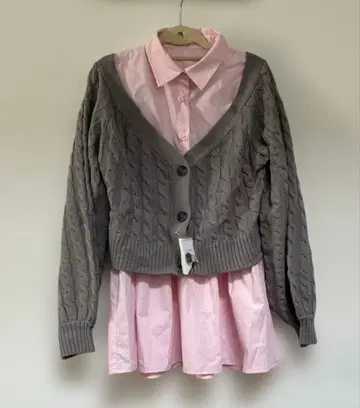 fupel 그레이 케이블 니트 가디건과 핑크 셔츠 세트