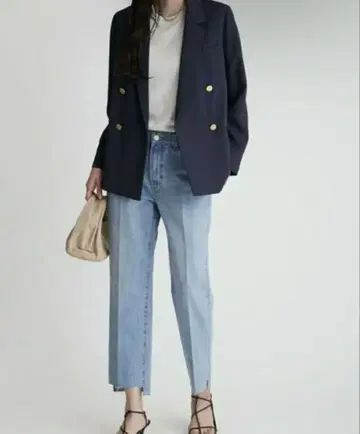 미라 오웬 금장 버튼 더블 재킷 네이비 골드 버튼