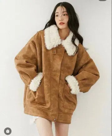 Heather 헤더 퍼 컬러 BIG 무스탕 자켓 카멜 브라운