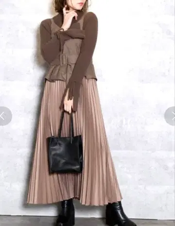 dazzlin 헤링본 트위드 벨트 플리츠 롱 원피스