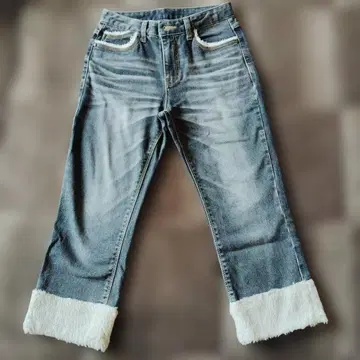 프린지 장식 그레이 스트레이트 데님