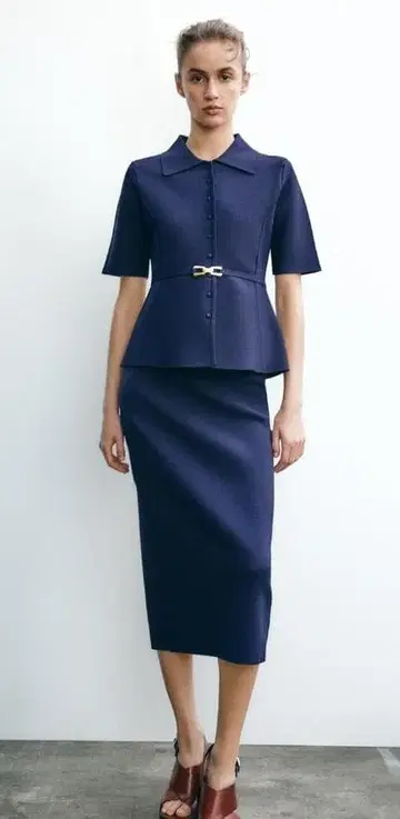 ZARA 자라 네이비 블루 니트탑 자켓 벨트 포함 S