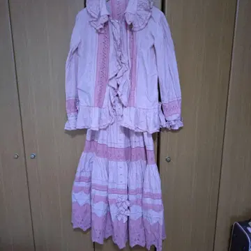 핑크하우스 1밀리 깅엄 체크 로즈 레이스 셋업 하자 있음