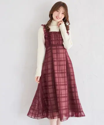 프릴 달린 백 레이스업 시어 체크 원피스