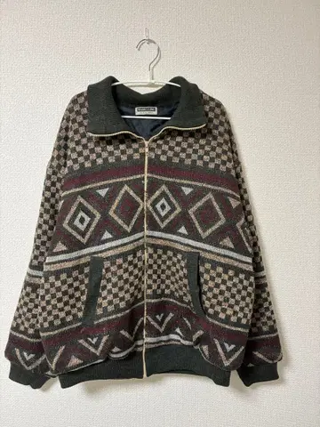 빈티지 체크 무늬 기하학 패턴 두꺼운 원단 니트 자켓