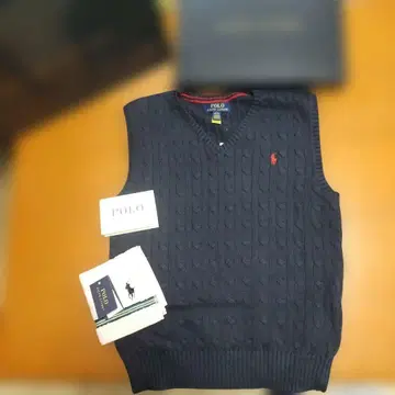 폴로 랄프 로렌 케이블 니트 베스트 네이비 & 핸드 타월 2세트