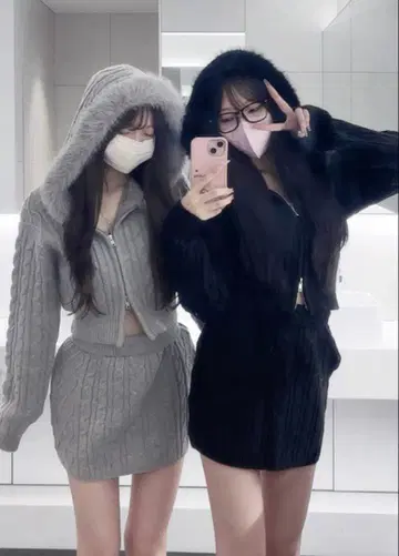 grl 케이블 짜임 퍼 니트 후드티 x 미니 스커트 셋업 [gf90a]