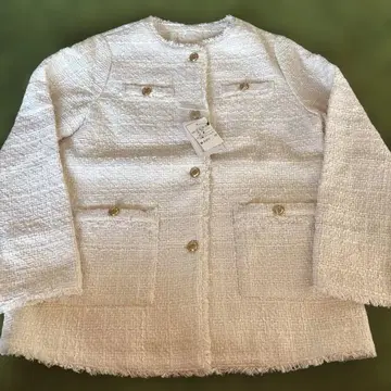 [ grove ] 노카라 프린지 트위드 자켓 화이트