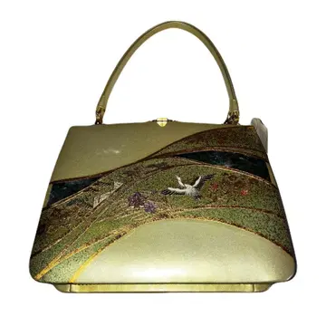 미사용 고급 일본 의류용 백 골드 컬러 크림색 새와 꽃 자수