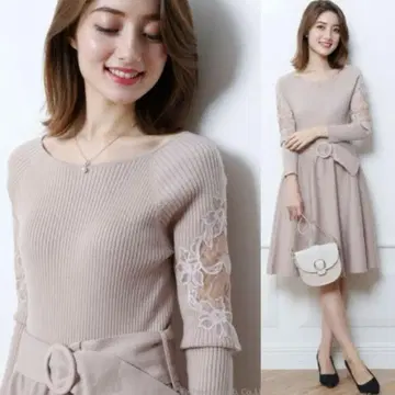 [ 새상품급 ] 레이스 숄더 플레어 니트 원피스