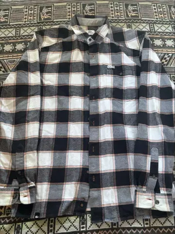 LACOSTE 플란넬 플란넬 셔츠 긴팔 오렌지 화이트 체크 화이트 악어