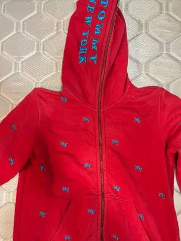 TOMMY NY 로고 자수 레드 후드티 XL