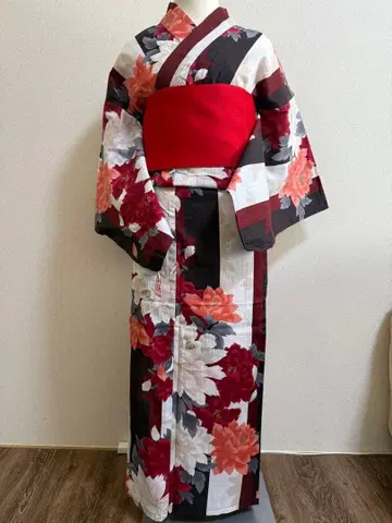 유카타 프리 사이즈 빨간색 모란 세련된 유카타